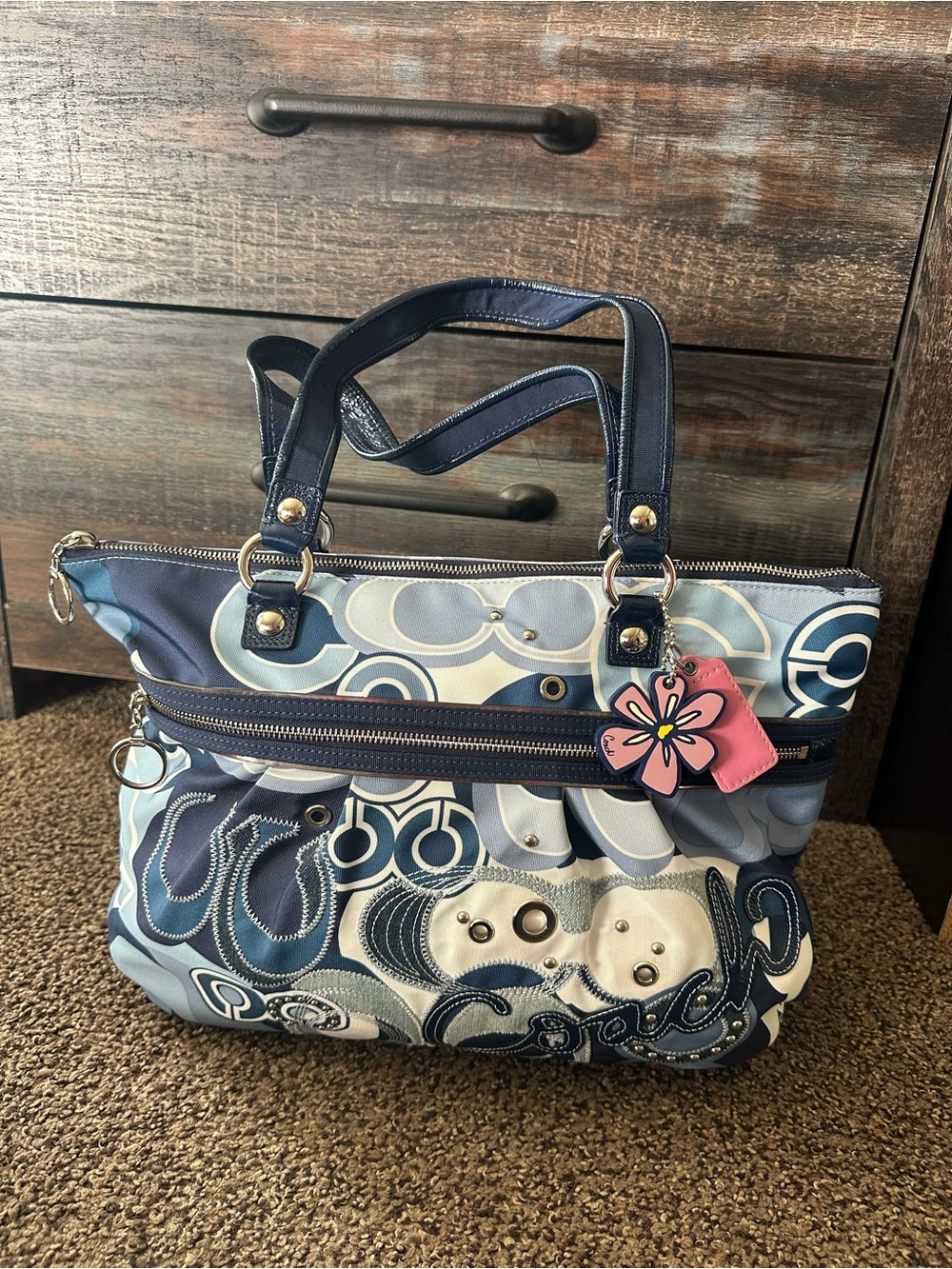 Coach Blue Patterned Tote with Pink Flower Charm